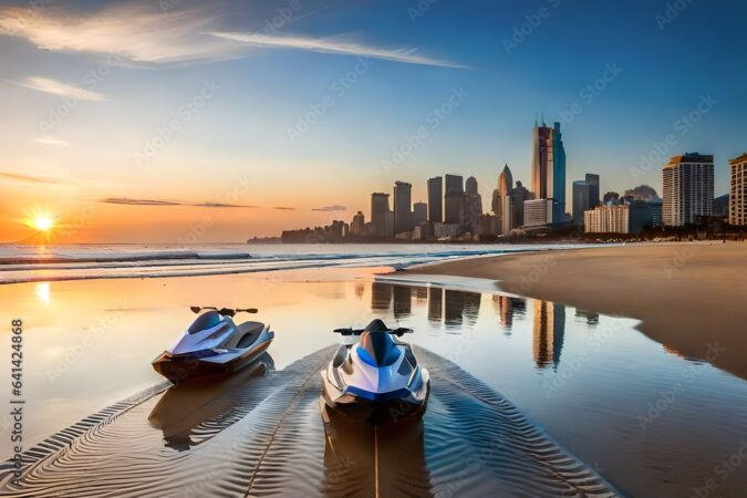 Three jet skis on the beach